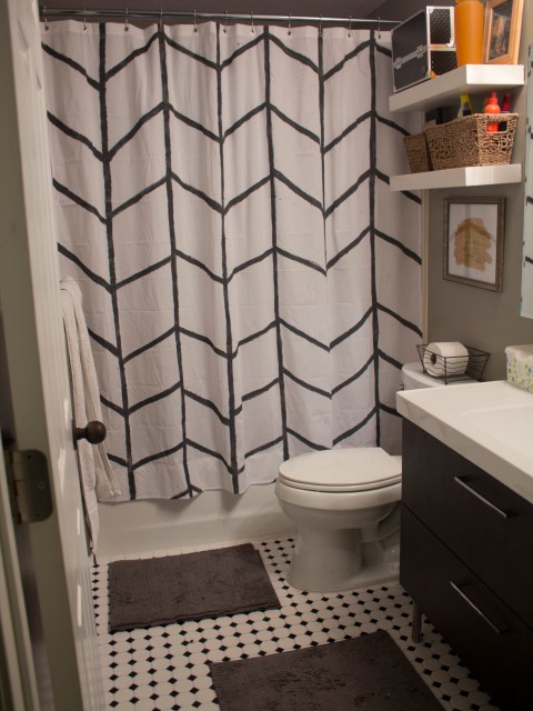 hand painted shower curtain with herringbone design