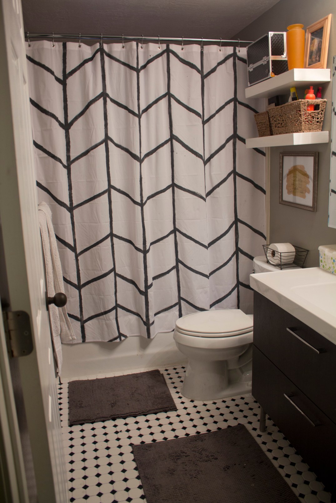 hand painted shower curtain with herringbone design
